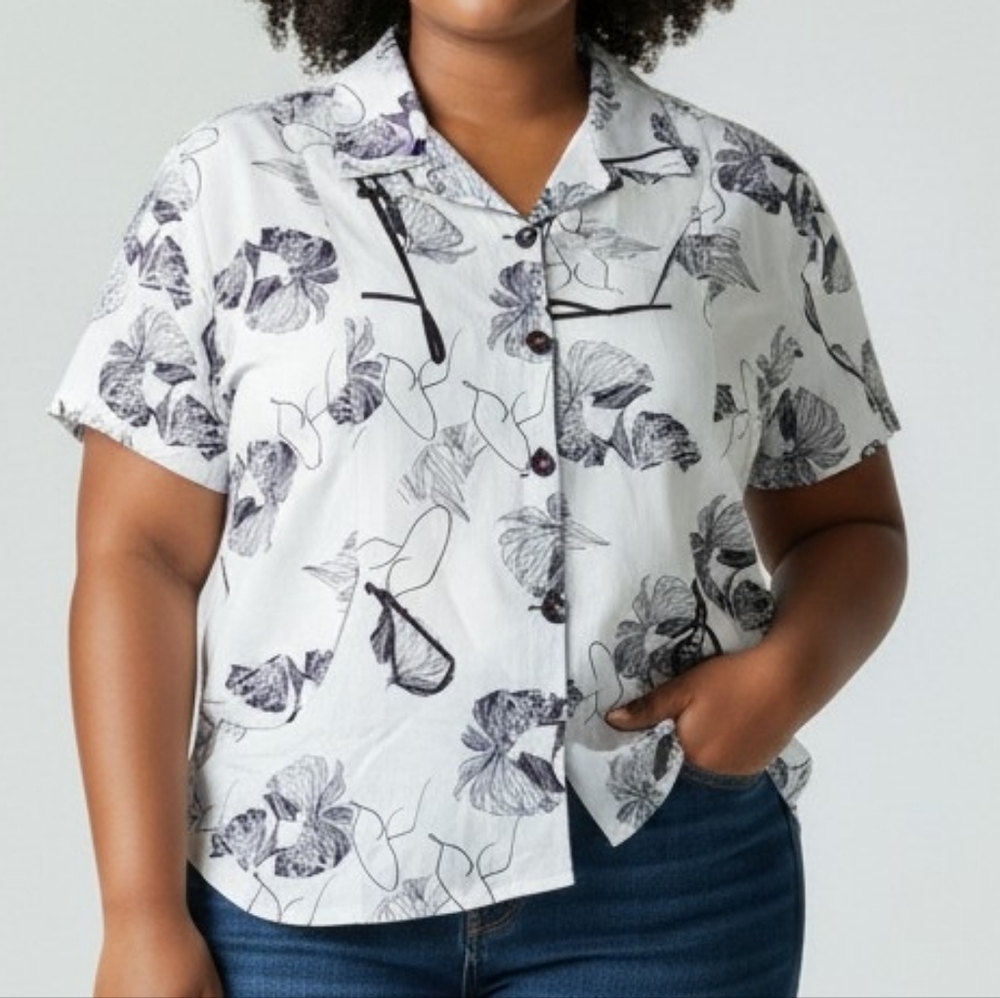 Parsley & Sage White Short-Sleeve Button Front Shirt Black Botanical Sketch 4146